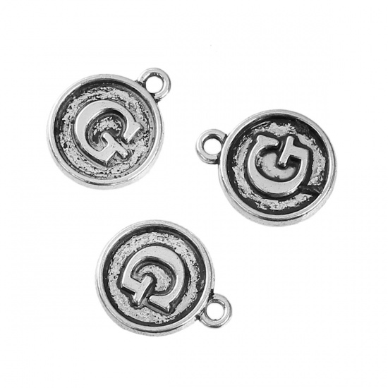 Picture of Zinc Based Alloy Charms Round Antique Silver Initial Alphabet/ Letter " G " 14mm( 4/8") x 12mm( 4/8"), 10 PCs