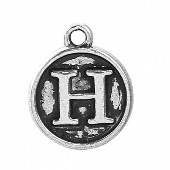 Picture of Zinc Based Alloy Charms Round Antique Silver Initial Alphabet/ Letter " H " 14mm( 4/8") x 12mm( 4/8"), 10 PCs