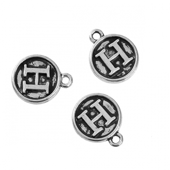 Picture of Zinc Based Alloy Charms Round Antique Silver Initial Alphabet/ Letter " H " 14mm( 4/8") x 12mm( 4/8"), 10 PCs