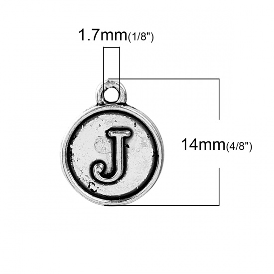 Picture of Zinc Based Alloy Charms Round Antique Silver Color Initial Alphabet/ Letter " J " 14mm( 4/8") x 12mm( 4/8"), 10 PCs