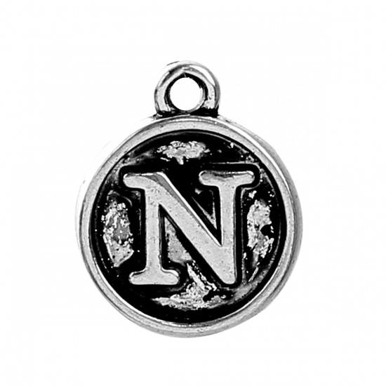 Picture of Zinc Based Alloy Charms Round Antique Silver Initial Alphabet/ Letter " N " 14mm( 4/8") x 12mm( 4/8"), 10 PCs