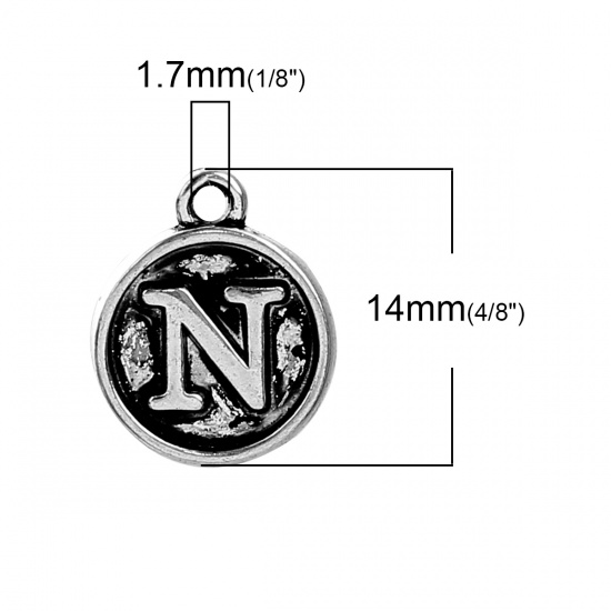 Picture of Zinc Based Alloy Charms Round Antique Silver Initial Alphabet/ Letter " N " 14mm( 4/8") x 12mm( 4/8"), 10 PCs