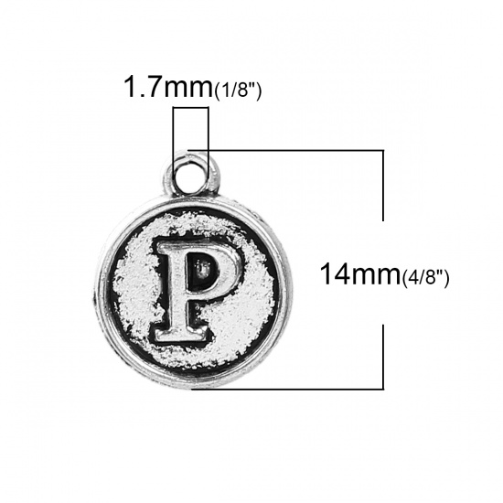 Picture of Zinc Based Alloy Charms Round Antique Silver Initial Alphabet/ Letter " P " 14mm( 4/8") x 12mm( 4/8"), 10 PCs