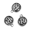 Picture of Zinc Based Alloy Charms Round Antique Silver Initial Alphabet/ Letter " R " 14mm( 4/8") x 12mm( 4/8"), 10 PCs