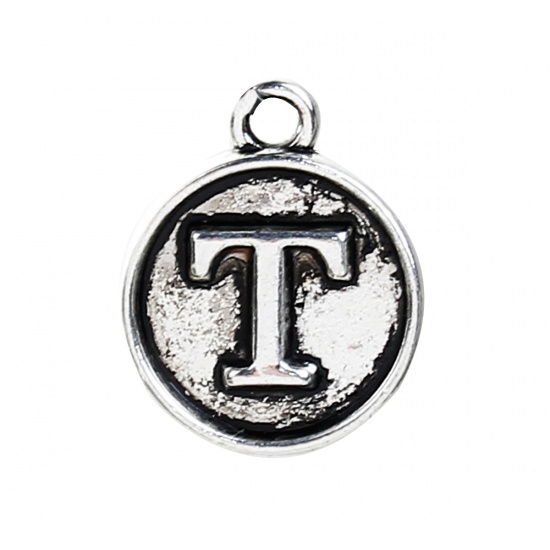 Picture of Zinc Based Alloy Charms Round Antique Silver Initial Alphabet/ Letter " T " 14mm( 4/8") x 12mm( 4/8"), 10 PCs