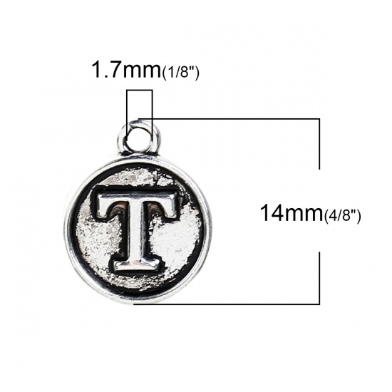 Picture of Zinc Based Alloy Charms Round Antique Silver Initial Alphabet/ Letter " T " 14mm( 4/8") x 12mm( 4/8"), 10 PCs