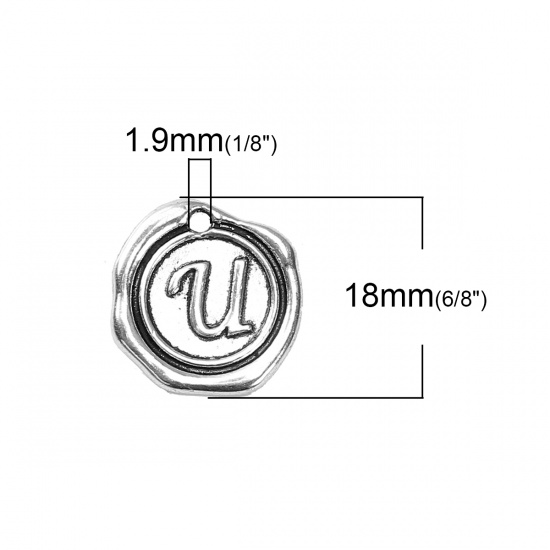 Picture of Zinc Based Alloy Wax Seal Charms Irregular Antique Silver Alphabet/ Letter " u " 18mm( 6/8") x 18mm( 6/8"), 10 PCs