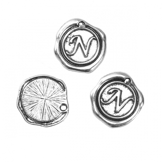 Immagine di Lega di Zinco Sigillo Di Cera Charms Irregolare Argento Antico Lettera " N " 18mm x 18mm , 10 Pz