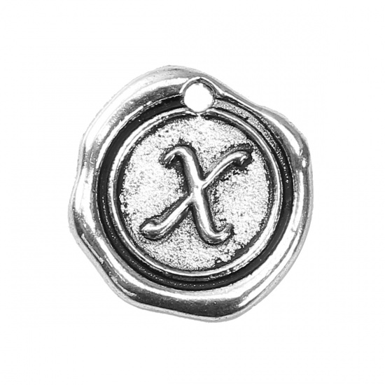 Picture of Zinc Based Alloy Wax Seal Charms Irregular Antique Silver Initial Alphabet/ Letter " X " 18mm( 6/8") x 18mm( 6/8"), 10 PCs