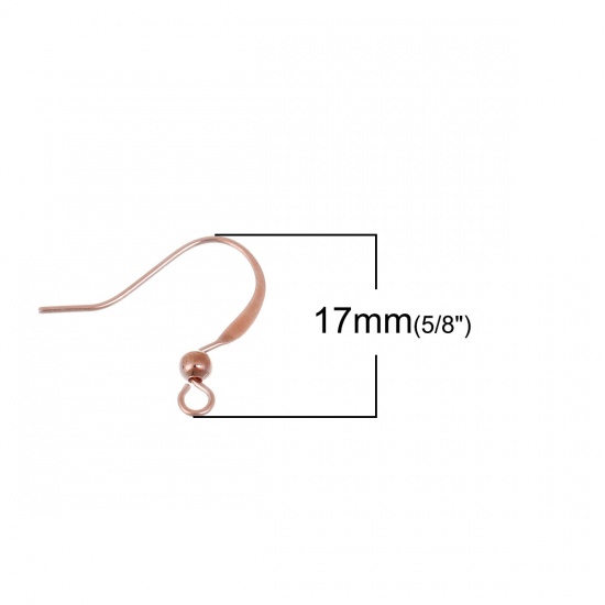 Picture of Brass Ear Wire Hooks Earring Findings Rose Gold W/ Loop 19mm( 6/8") x 17mm( 5/8"), Post/ Wire Size: (21 gauge), 50 PCs                                                                                                                                        