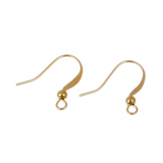 Picture of Brass Ear Wire Hooks Earring Findings Gold Plated W/ Loop 19mm( 6/8") x 17mm( 5/8"), Post/ Wire Size: (21 gauge), 100 PCs                                                                                                                                     