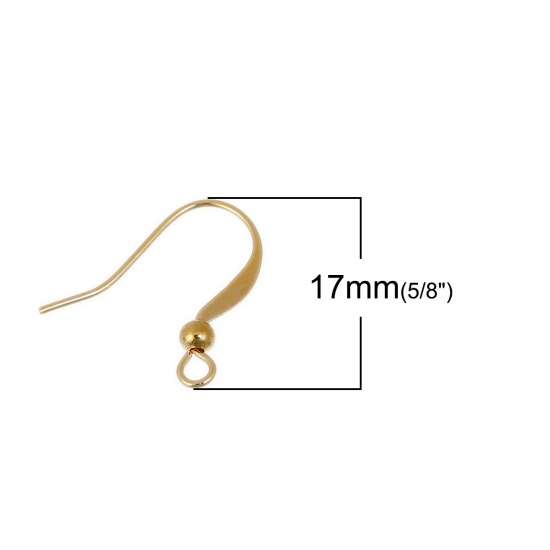 Picture of Brass Ear Wire Hooks Earring Findings Gold Plated W/ Loop 19mm( 6/8") x 17mm( 5/8"), Post/ Wire Size: (21 gauge), 100 PCs                                                                                                                                     