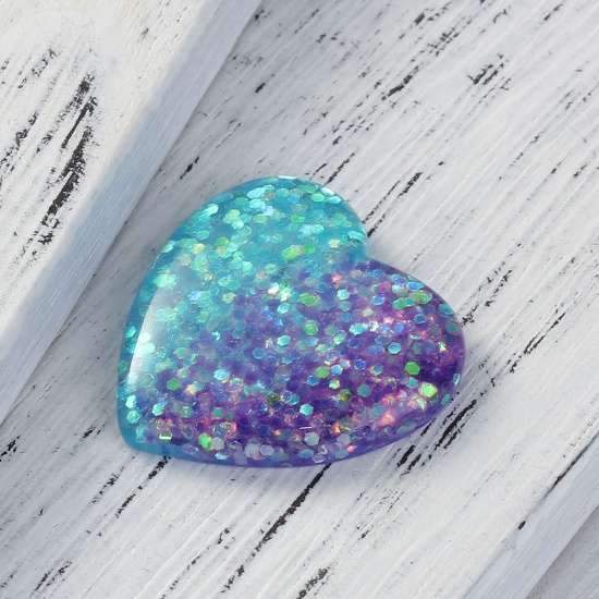 Picture of Resin Dome Seals Cabochon Heart Blue Pentagram Star Glitter 28mm(1 1/8") x 27mm(1 1/8"), 5 PCs