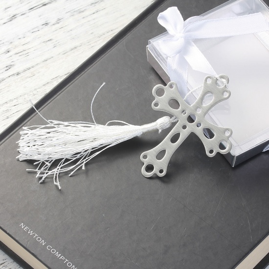 Picture of Bookmark Cross Silver Tone White Tassel Hollow 70mm(2 6/8") x 60mm(2 3/8"), 1 Piece