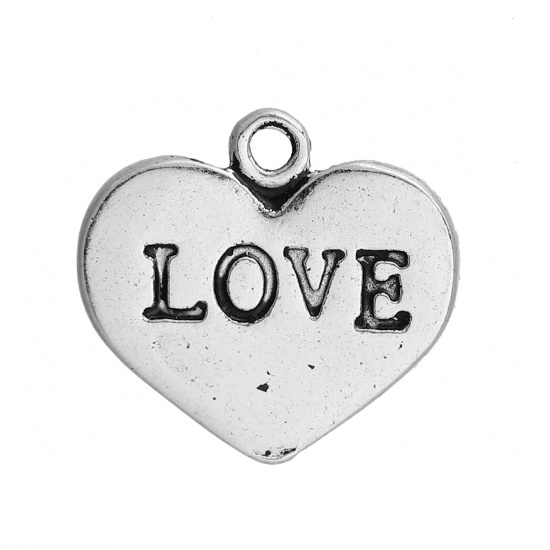 Picture of Zinc Based Alloy Charms Heart Antique Silver Message " LOVE " 17mm( 5/8") x 16mm( 5/8"), 10 PCs