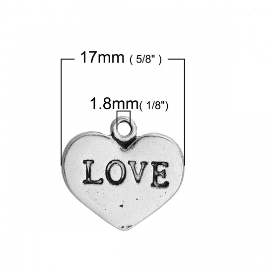 Immagine di Lega di Zinco Charms Cuore Argento Antico Lettere " LOVE " 17mm x 16mm , 10 Pz