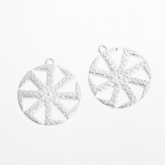 Picture of Zinc Based Alloy Pendants Round Silver Plated Hollow 37mm(1 4/8") x 33mm(1 2/8"), 2 PCs