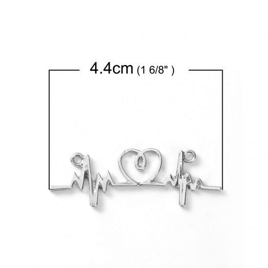 Picture of Zinc Based Alloy Connectors Heartbeat/ Electrocardiogram Heart Silver Plated 44mm x 14mm, 5 PCs
