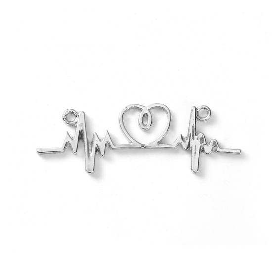 Picture of Zinc Based Alloy Connectors Heartbeat/ Electrocardiogram Heart Silver Plated 44mm x 14mm, 5 PCs