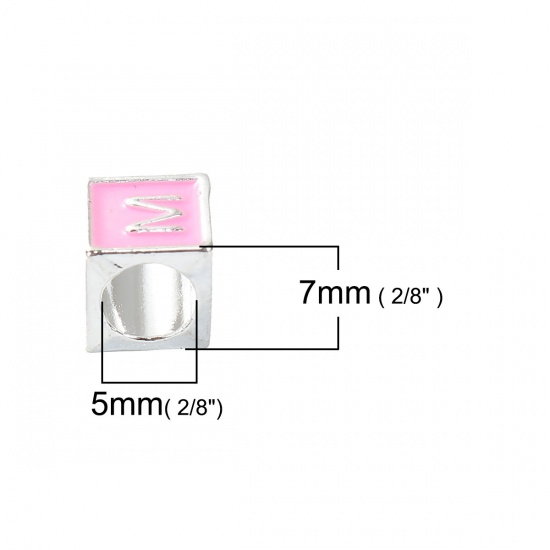 Picture of Zinc Based Alloy European Style Large Hole Charm Beads Cube Silver Plated Initial Alphabet/ Letter " M " Pink Enamel About 7mm( 2/8") x 7mm( 2/8"), Hole: Approx 5mm, 5 PCs