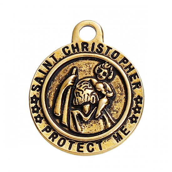 Picture of Zinc Based Alloy Charms Round Gold Tone Antique Gold Saint Christopher Message " PROTECT ME " 29mm(1 1/8") x 24mm(1"), 5 PCs