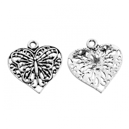 Picture of Zinc Based Alloy Charms Heart Antique Silver Color Butterfly Hollow 23mm( 7/8") x 22mm( 7/8"), 10 PCs