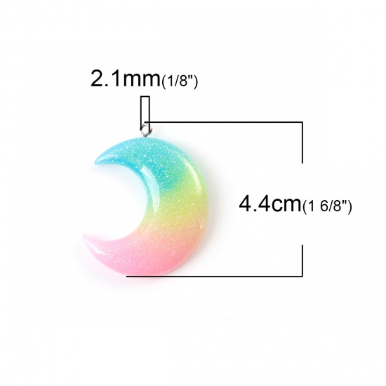 Picture of Resin Pendants Half Moon Glitter Multicolor 44mm(1 6/8") x 35mm(1 3/8"), 5 PCs