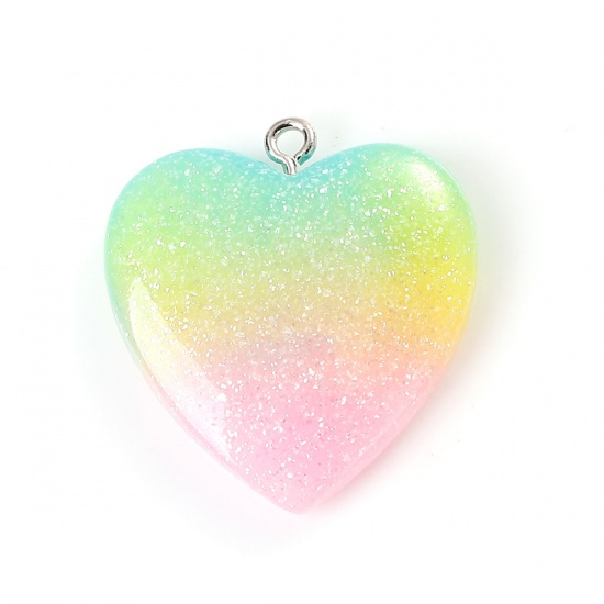 Picture of Resin Charms Heart Glitter Multicolor 29mm(1 1/8") x 27mm(1 1/8"), 5 PCs