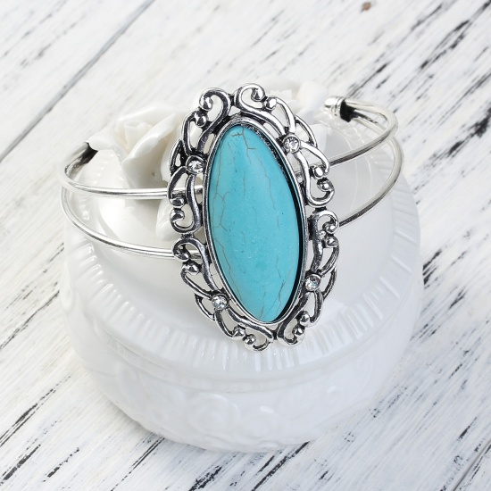 Picture of Boho Chic Open Cuff Bangles Bracelets Antique Silver Blue Oval Imitation Turquoise Clear Rhinestone 16.5cm(6 4/8") long, 1 Piece