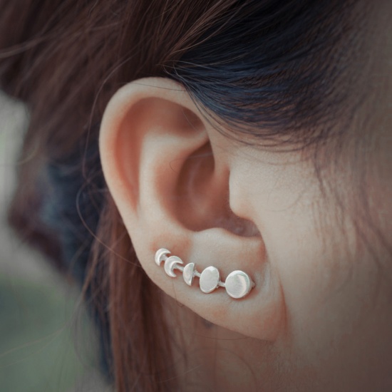 Picture of Ear Climbers/ Ear Crawlers Silver Plated Moon Phases 23mm( 7/8") x 7mm( 2/8"), Post/ Wire Size: (21 gauge), 1 Pair