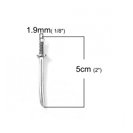 Изображение 3D Цинковый Сплав Подвески Меч Античное Серебро 50мм x 8мм, 10 ШТ