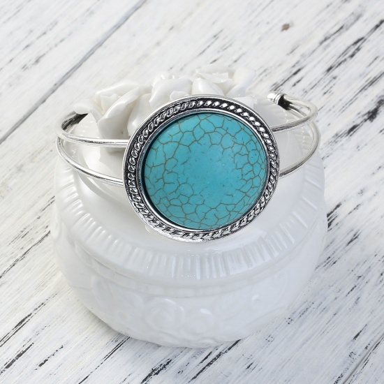 Picture of Boho Chic Open Cuff Bangles Bracelets Antique Silver Blue Round Imitation Turquoise 17cm(6 6/8") long, 1 Piece