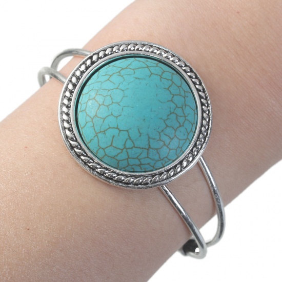Picture of Boho Chic Open Cuff Bangles Bracelets Antique Silver Blue Round Imitation Turquoise 17cm(6 6/8") long, 1 Piece
