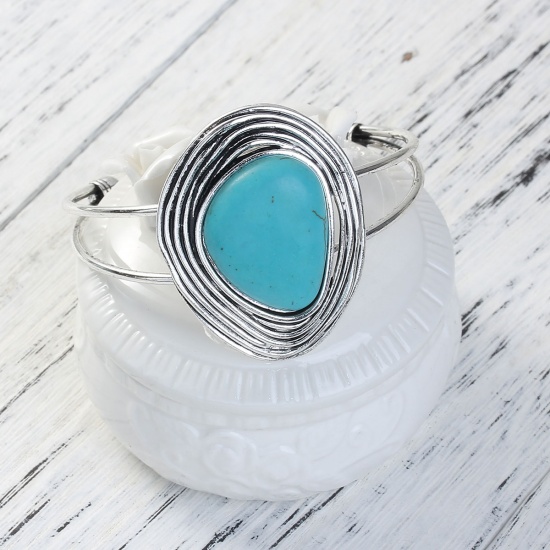 Picture of Boho Chic Open Cuff Bangles Bracelets Antique Silver Blue Oval Imitation Turquoise 16.5cm(6 4/8") long, 1 Piece