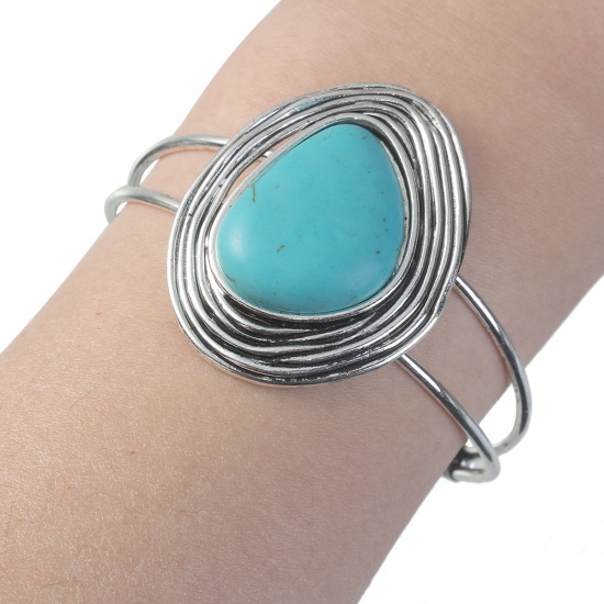 Picture of Boho Chic Open Cuff Bangles Bracelets Antique Silver Blue Oval Imitation Turquoise 16.5cm(6 4/8") long, 1 Piece