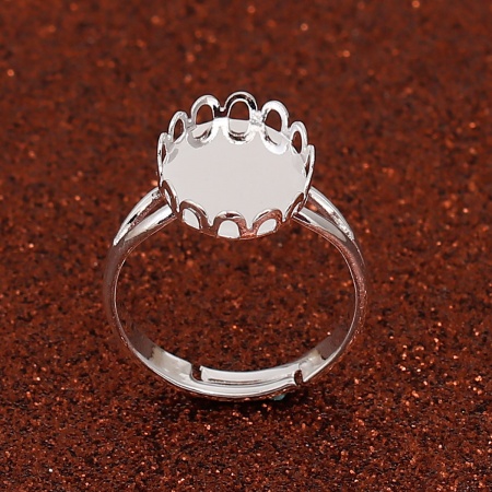 Brass Adjustable Cabochon Settings Rings Oval Silver Plated (Fits 14mm x 10mm) 16.9mm( 5/8")(US Size 6.5), 5 PCs