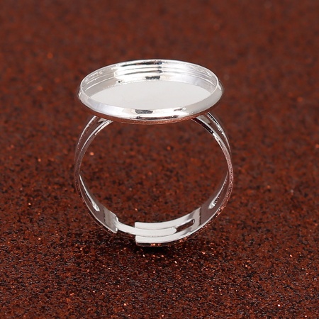 Brass Adjustable Cabochon Settings Rings Round Silver Plated (Fits 16mm Dia.) 17.5mm( 6/8")(US size 7), 5 PCs