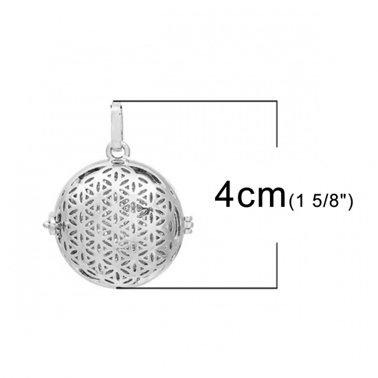 Picture of Brass Aromatherapy Essential Oil Diffuser Locket Pendants Round Silver Tone Carved Pattern (Fit 27mm Dia.) 40mm x 33mm, 1 Piece