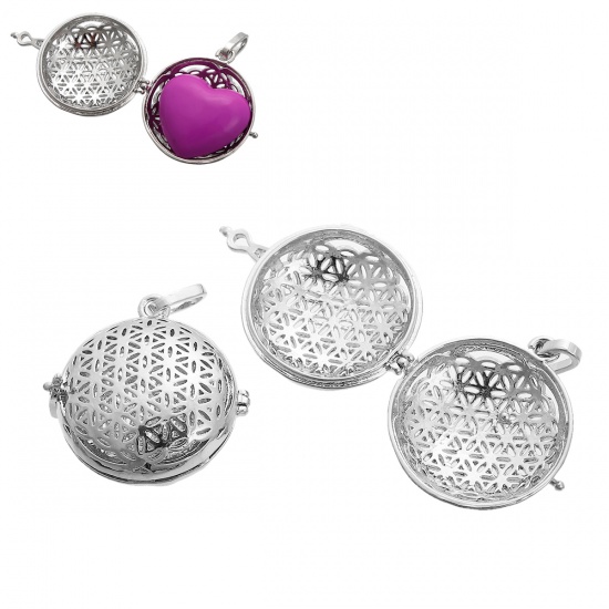 Picture of Brass Aromatherapy Essential Oil Diffuser Locket Pendants Round Silver Tone Carved Pattern (Fit 27mm Dia.) 40mm x 33mm, 1 Piece