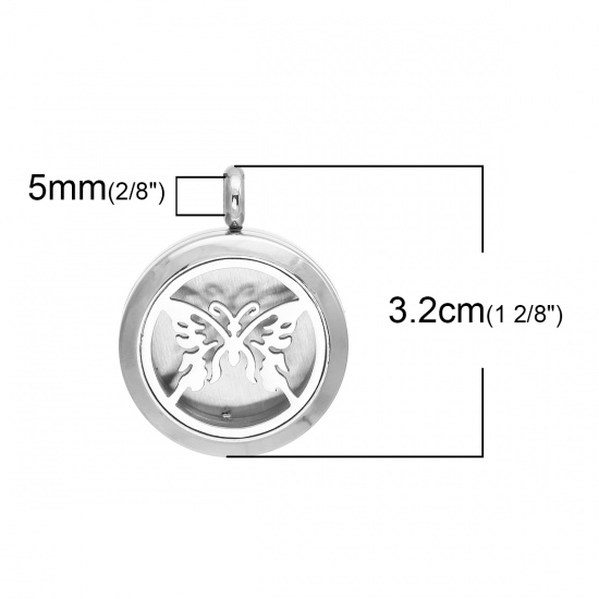 Picture of Stainless Steel Aromatherapy Essential Oil Diffuser Locket Pendants Round Silver Tone Tree Carved (Fits 18mm Dia.) Can Open 32mm(1 2/8") x 25mm(1"), 1 Piece