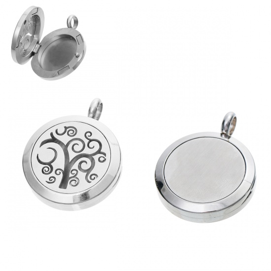 Picture of Stainless Steel Aromatherapy Essential Oil Diffuser Locket Pendants Round Silver Tone Tree Carved (Fits 18mm Dia.) Can Open 32mm(1 2/8") x 25mm(1"), 1 Piece