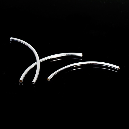Picture of Copper Spacer Beads Tube Silver Plated Curve 60mm(2 3/8") x 3mm( 1/8"), Hole: Approx 2mm( 1/8"), 20 PCs
