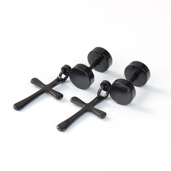 Imagen de Titanio Acero Pendientes Negro Pesa Cruz 24mm x 6mm, Post/ Wire Size: (18 gauge), 1 Unidad