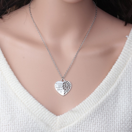 Picture of Family Jewelry Necklace Silver Tone Heart Message " Mother and Daughter Forever " Hollow 51.6cm(20 3/8") long, 1 Piece