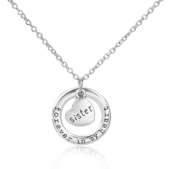 Picture of Family Jewelry Necklace Antique Silver Circle Ring Heart Message " Forever In My Heart & Sister " 52cm(20 4/8") long, 1 Piece