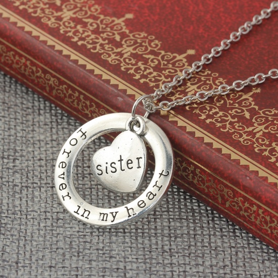Picture of Family Jewelry Necklace Antique Silver Circle Ring Heart Message " Forever In My Heart & Sister " 52cm(20 4/8") long, 1 Piece
