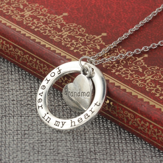 Picture of Family Jewelry Necklace Antique Silver Circle Ring Heart Message " Forever In My Heart & Grandma " 54cm(21 2/8") long - 52cm(20 4/8") long, 1 Piece