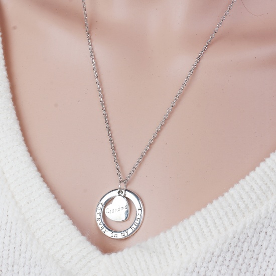 Picture of Family Jewelry Necklace Antique Silver Circle Ring Heart Message " Forever In My Heart & Grandma " 54cm(21 2/8") long - 52cm(20 4/8") long, 1 Piece