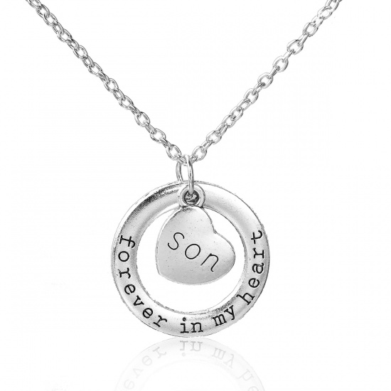 Picture of Family Jewelry Necklace Antique Silver Circle Ring Heart Message " Forever In My Heart & Son " 54cm(21 2/8") long - 52cm(20 4/8") long, 1 Piece