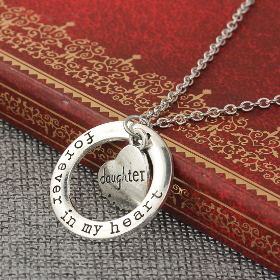Picture of Family Jewelry Necklace Antique Silver Circle Ring Heart Message " Forever In My Heart & Daughter " 54cm(21 2/8") long - 52cm(20 4/8") long, 1 Piece